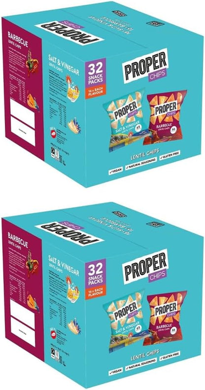 Multipack Lentil Chips – Vegan & Gluten Free Crisps – 32 x 14g Snack Packs (16 Barbecue + 16 Salt & Vinegar In a Single Carton) – Healthy Plant-Based Snack Box – Lunch, Travel & Sharing (2-Box)