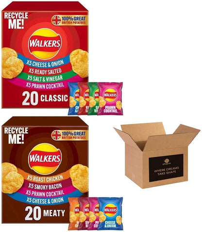 Walkers Variety Multipack Crisp Box – 40x25g | 7 Classic & Meaty Flavors | Lunchbox, Movie Night Snacks, On-the-Go, Party & Sharing Pack for Kids and Adults | Walkers 40 Pack Bulk Buy