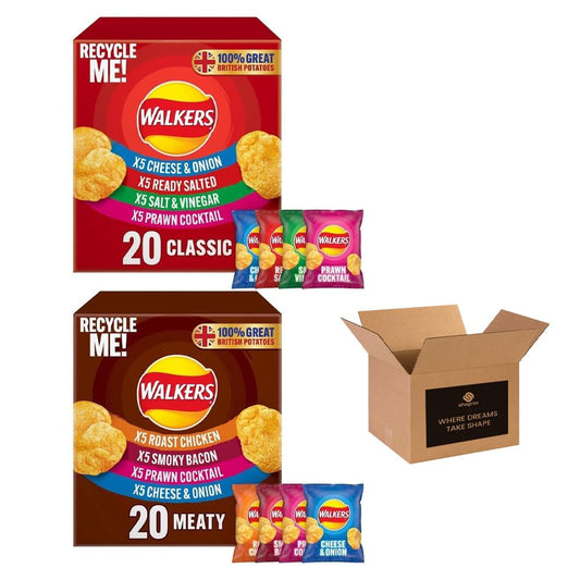 Walkers Variety Multipack Crisp Box – 40x25g | 7 Classic & Meaty Flavors | Lunchbox, Movie Night Snacks, On-the-Go, Party & Sharing Pack for Kids and Adults | Walkers 40 Pack Bulk Buy