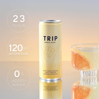 TRIP Mindful Blends - Blood Orange Sparkling drink with 1440MG Magnesium + Lion’s Mane + Chamomile + Lemon Balm. Low Calorie, No Added Sugar and Vegan (Pack of 12 x 250ml)