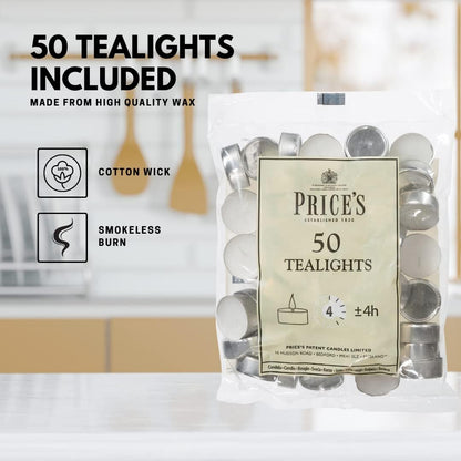 Prices Patent Candles White Tealights Bag, Pack of 50, Wax, l x 3.8cm w x 1.8cm h, Unscented