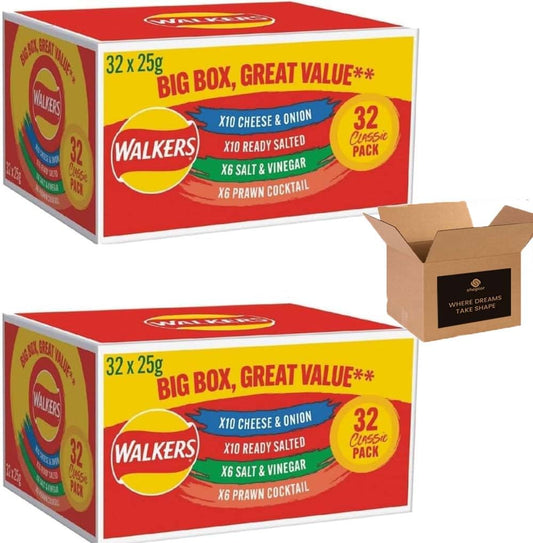Walkers Classic Variety Crisp Big Box Pack- 4 Different Flavours - Walkers Cheese & Onion, Walkers ReadySalted, Walkers PrawnCockTail, Walkers Salt & Vinegar Gift Pack (32x25g - Pack of 2)