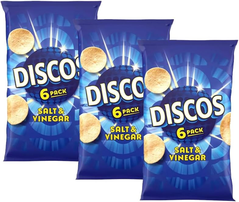 Discos Crisps Multipack 6 | Cheese & Onion, Salt Vinegar, Prawn Cocktail | Bold Flavour, Crunchy Snack for Lunchboxes, Office, School- (Pack 3, 6xSalt & Vinegar)