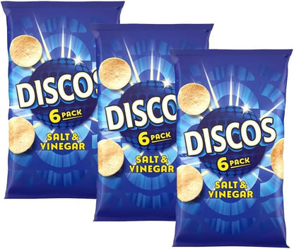 Discos Crisps Multipack 6 | Cheese & Onion, Salt Vinegar, Prawn Cocktail | Bold Flavour, Crunchy Snack for Lunchboxes, Office, School- (Pack 3, 6xSalt & Vinegar)