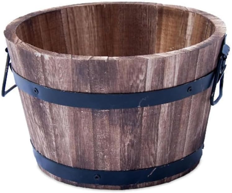 Rustic Round Burnt Wood Whiskey Barrel Planter – Outdoor Wooden Garden Plant Pot