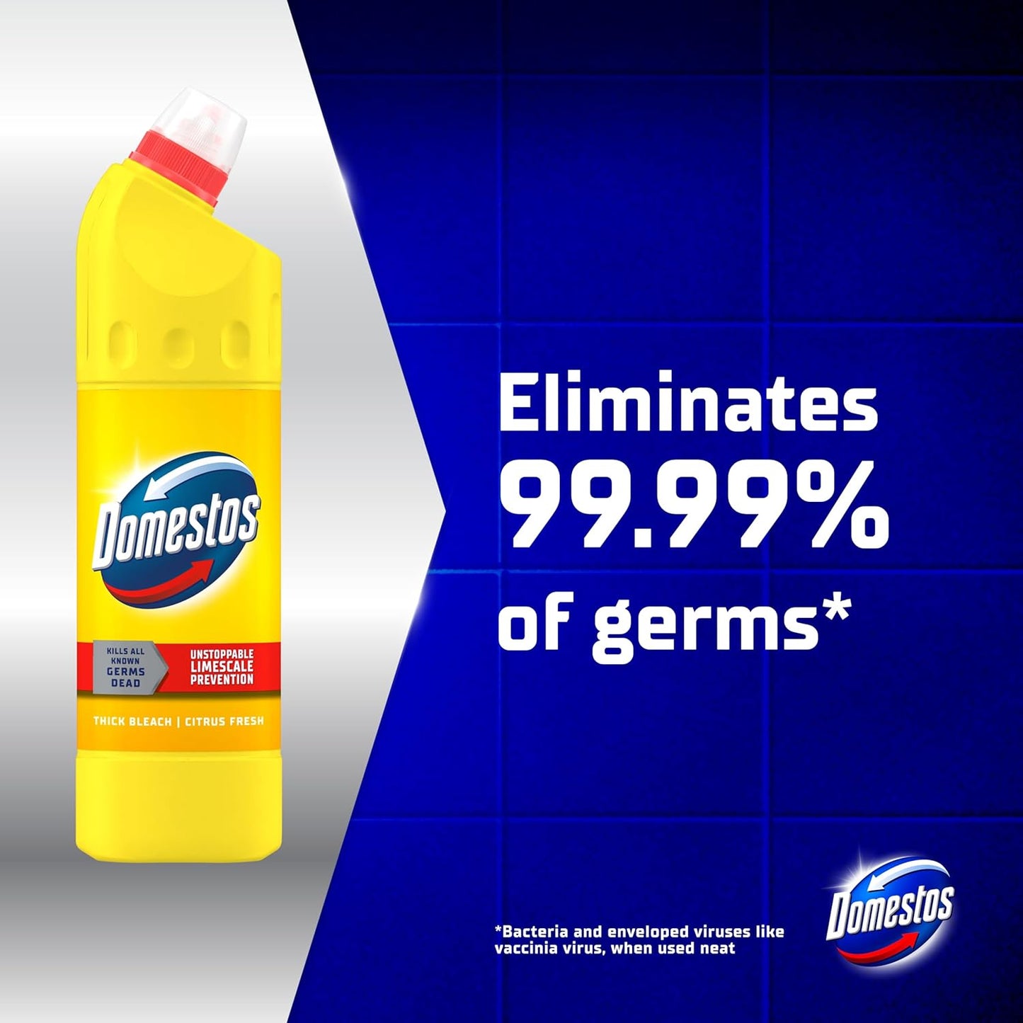 Domestos Citrus Fresh Thick Bleach disinfectant that eliminates 99.99% of bacteria and viruses* unstoppable limescale prevention 9x 750 ml