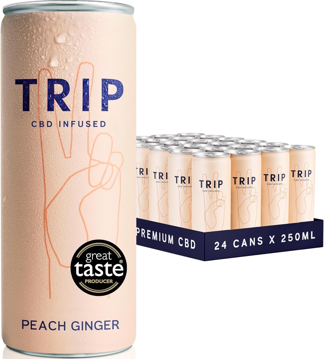 TRIP CBD Drink, Sparkling Peach Ginger Fizzy Drink, Low Calorie, Vegan (Pack of 12 x 250ml)