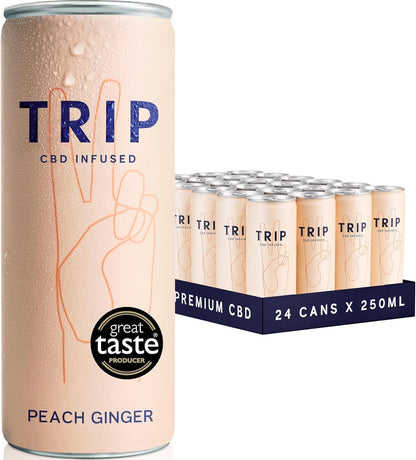 TRIP CBD Drink, Sparkling Peach Ginger Fizzy Drink, Low Calorie, Vegan (Pack of 12 x 250ml)