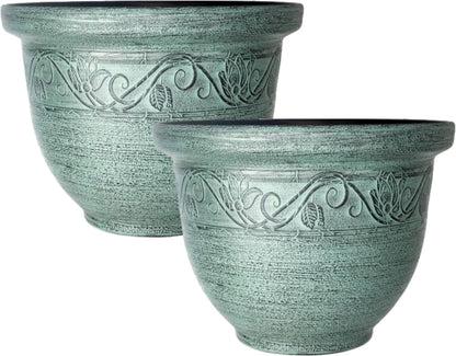 CTI Living Set of 2 Round 30cm 12 Inch Garden Plant Pot Green Turquoise Flower Outdoor Bell Planter Weatherproof Drainage Hole
