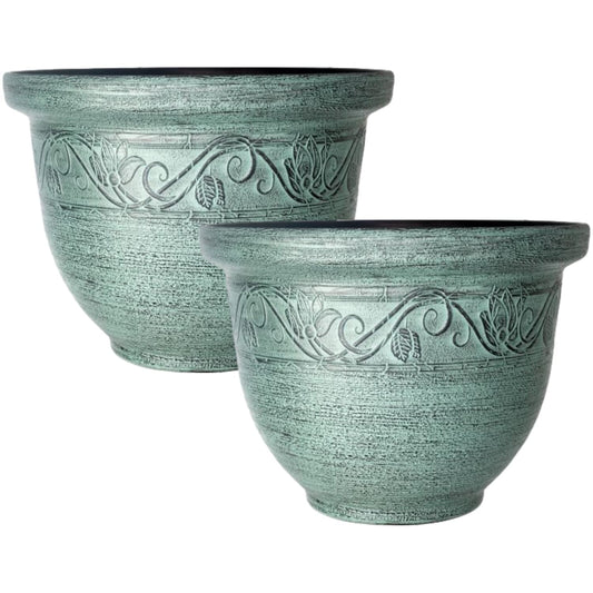 CTI Living Set of 2 Round 30cm 12 Inch Garden Plant Pot Green Turquoise Flower Outdoor Bell Planter Weatherproof Drainage Hole