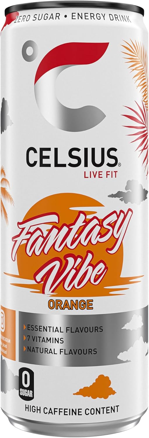 CELSIUS Fantasy Vibe - Sparkling Natural Energy Drink, 4 Vitamins, Caffeine, No Artificial Colours, Sugar Free Energy Drinks, Orange, 355 mL, 12-Pack