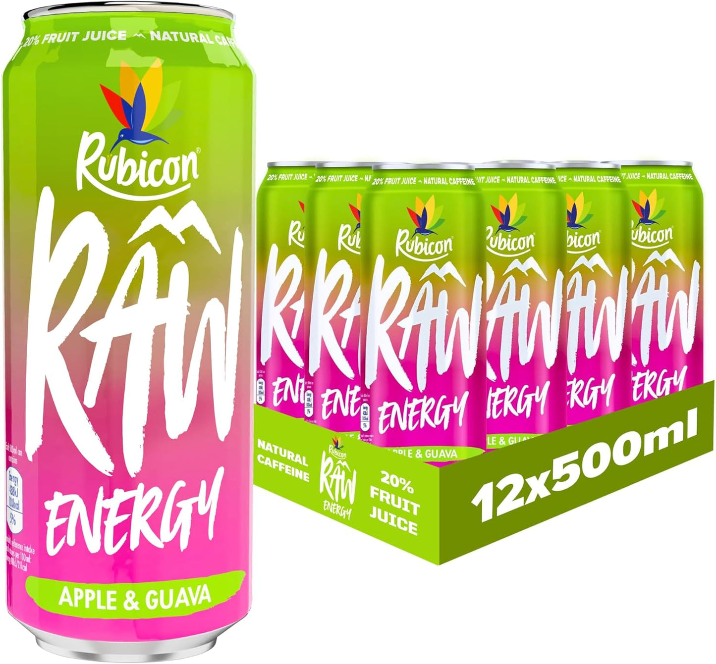 Rubicon RAW 12 Pack Raspberry & Blueberry 500ml Energy Drink, 20% Real Fruit Juice, High caffeine with B-Vitamins, Ginseng & Guarana, No Artificial Colours or Flavours, Reduce Tiredness & Boost Energy