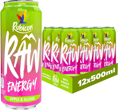 Rubicon RAW 12 Pack Raspberry & Blueberry 500ml Energy Drink, 20% Real Fruit Juice, High caffeine with B-Vitamins, Ginseng & Guarana, No Artificial Colours or Flavours, Reduce Tiredness & Boost Energy