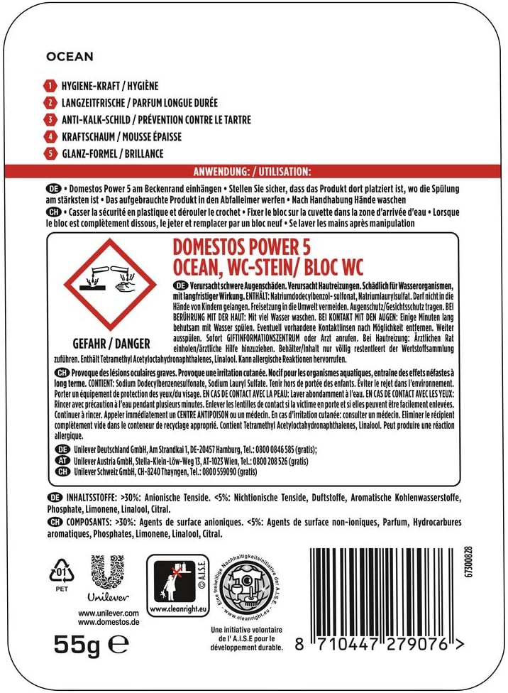 Domestos Power 5 Ocean Toilet Rim Blocks, Pack of 9