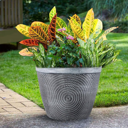 shopior Round Grey Plastic Plant Pot with Spiral Glossy Effect – Outdoor & Indoor Planter with Drainage Holes | Frost Proof Garden Flower Pot – Decorative Modern Patio Plant Container (23cm-Pack 2)