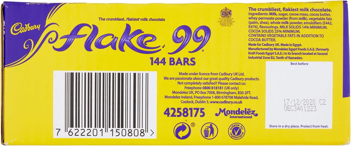 Cadbury Flake 99 Milk Chocolate Bars, Perfect for Ice Creams, Baking and Culinary Use (Box of 144 Bars)