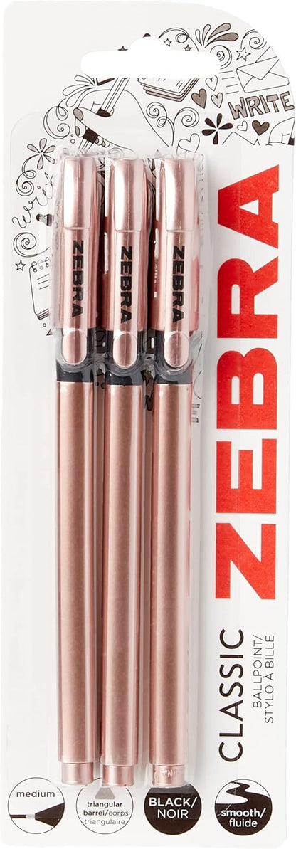 Zebra Pen Z Grip Black Pens Ballpoint, Super Trendy Rose Gold Ballpoint Pens With Triangular Barrel, Black Ink, Reliable Black Biro Multipack For Everyday Use - Medium Point, 3 pk