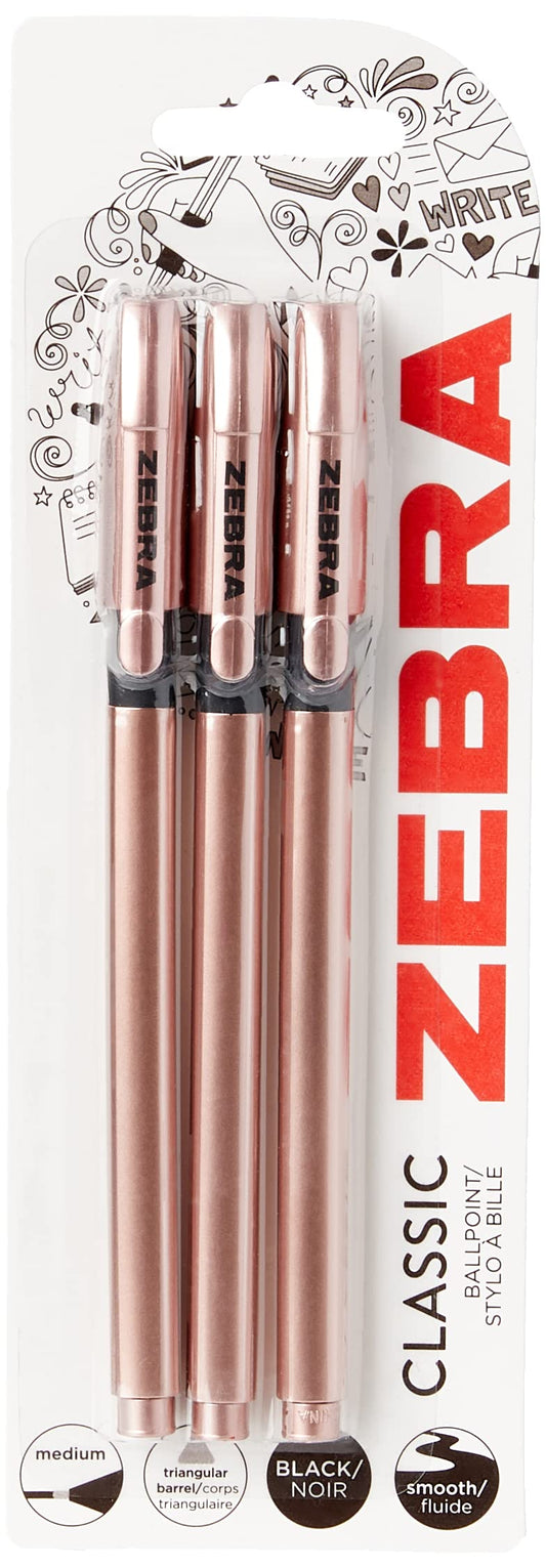 Zebra Pen Z Grip Black Pens Ballpoint, Super Trendy Rose Gold Ballpoint Pens With Triangular Barrel, Black Ink, Reliable Black Biro Multipack For Everyday Use - Medium Point, 3 pk