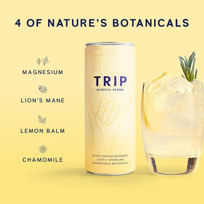 TRIP Mindful Blends - Blood Orange Sparkling drink with 1440MG Magnesium + Lion’s Mane + Chamomile + Lemon Balm. Low Calorie, No Added Sugar and Vegan (Pack of 12 x 250ml)