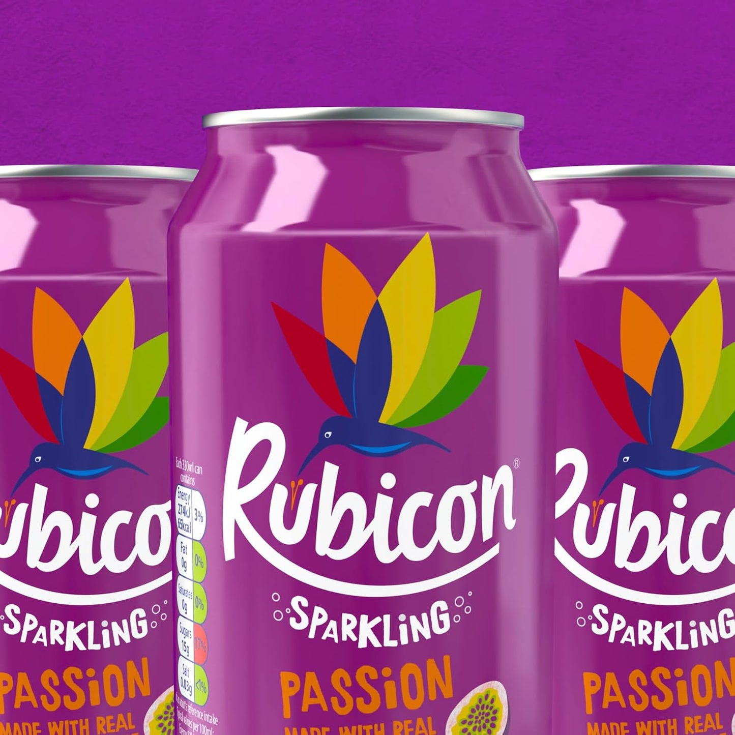 Rubicon 24 Pack Sparkling Passion Flavoured Fizzy Drink with Real Fruit Juice, Handpicked Fruits for a Temptingly Intense Taste "Made of Different Stuff" - 24 x 330ml Cans