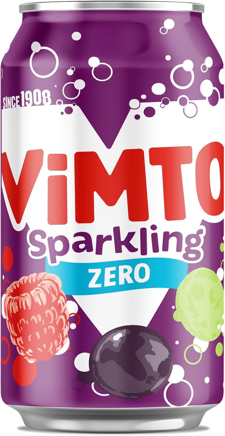 Vimto Original Real Fruit, Blackcurrant, Grape & Raspberry - No Added Sugar Fizzy Fruity Soft Drink - Multipack Cans (24 X 330ml)
