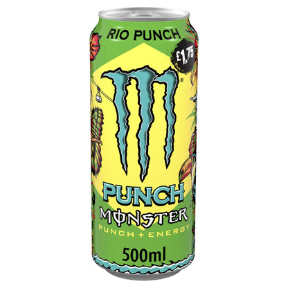 Monster RIO PUNCH Energy Drink 12 x 500ml Cans Tropical Flavour High Caffeine Carbonated Energy Beverage