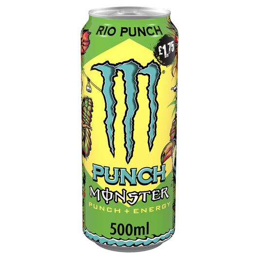 Monster RIO PUNCH Energy Drink 12 x 500ml Cans Tropical Flavour High Caffeine Carbonated Energy Beverage