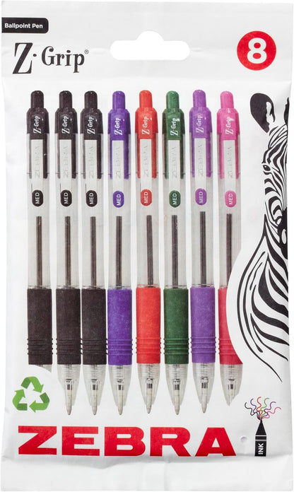 Zebra Pen Z Grip Black Ballpoint Pens with Pocket Clip 8pk, Retractable Black Ink Ballpoint Pens, Reliable Black Biro Pens Multipack for Everyday Use Design, New Pack Size 8pk