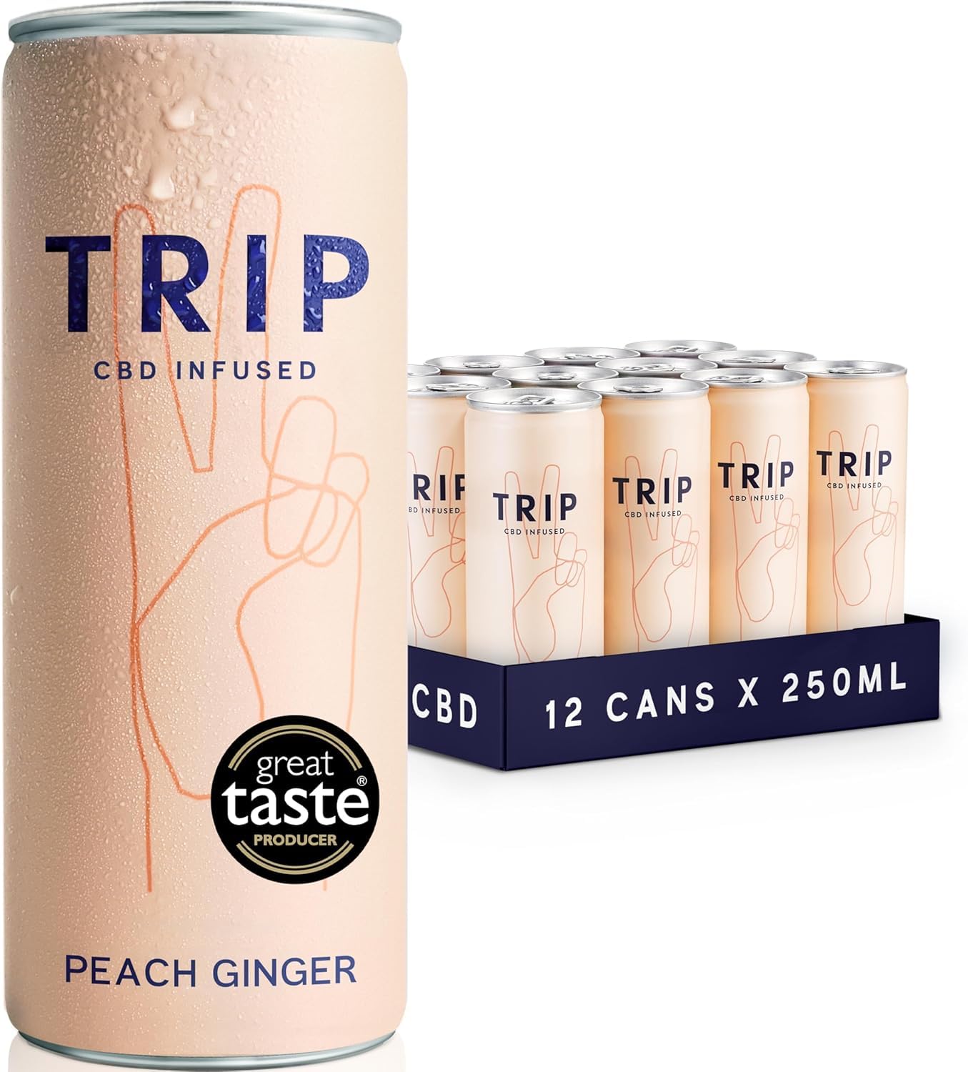 TRIP CBD Drink, Sparkling Peach Ginger Fizzy Drink, Low Calorie, Vegan (Pack of 12 x 250ml)