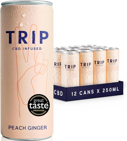 TRIP CBD Drink, Sparkling Peach Ginger Fizzy Drink, Low Calorie, Vegan (Pack of 12 x 250ml)