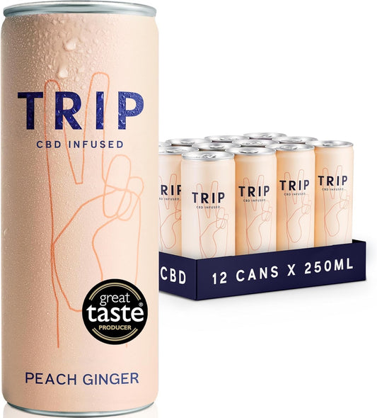 TRIP CBD Drink, Sparkling Peach Ginger Fizzy Drink, Low Calorie, Vegan (Pack of 12 x 250ml)