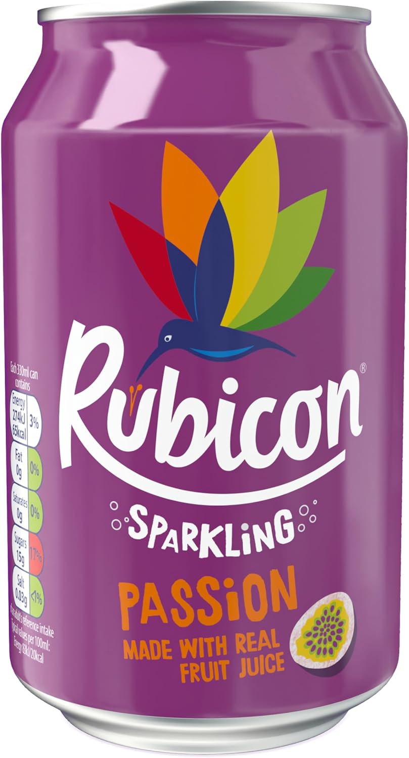 Rubicon 24 Pack Sparkling Passion Flavoured Fizzy Drink with Real Fruit Juice, Handpicked Fruits for a Temptingly Intense Taste "Made of Different Stuff" - 24 x 330ml Cans