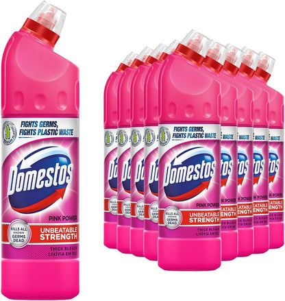 Domestos Thick Bleach Pink Power Multi-Purpose Disinfectant Anti-Bacterial Surface Cleaner Gel Limescale Remover for Toilet, Bathroom and Kitchen, 750ml (Buy 9)
