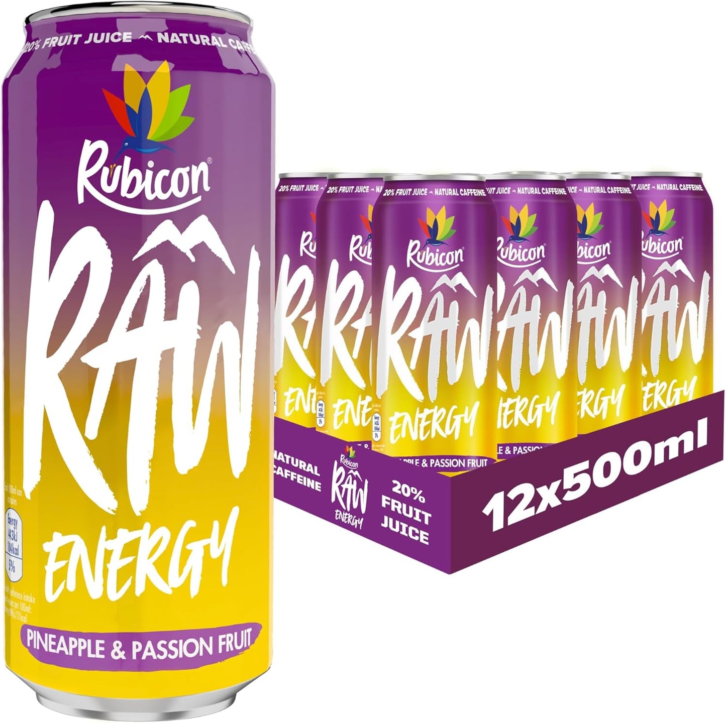 Rubicon RAW 12 Pack Raspberry & Blueberry 500ml Energy Drink, 20% Real Fruit Juice, High caffeine with B-Vitamins, Ginseng & Guarana, No Artificial Colours or Flavours, Reduce Tiredness & Boost Energy