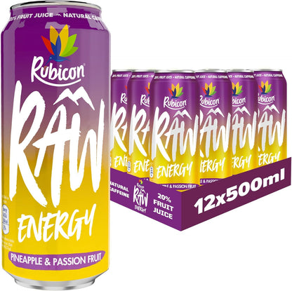 Rubicon RAW 12 Pack Raspberry & Blueberry 500ml Energy Drink, 20% Real Fruit Juice, High caffeine with B-Vitamins, Ginseng & Guarana, No Artificial Colours or Flavours, Reduce Tiredness & Boost Energy