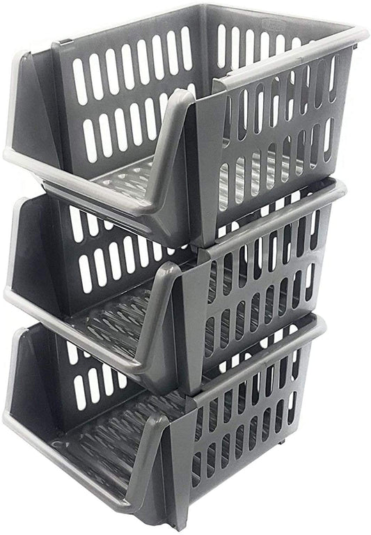 Whitefurze 2 x Stacking Basket Set of 3, Silver, 18 cm