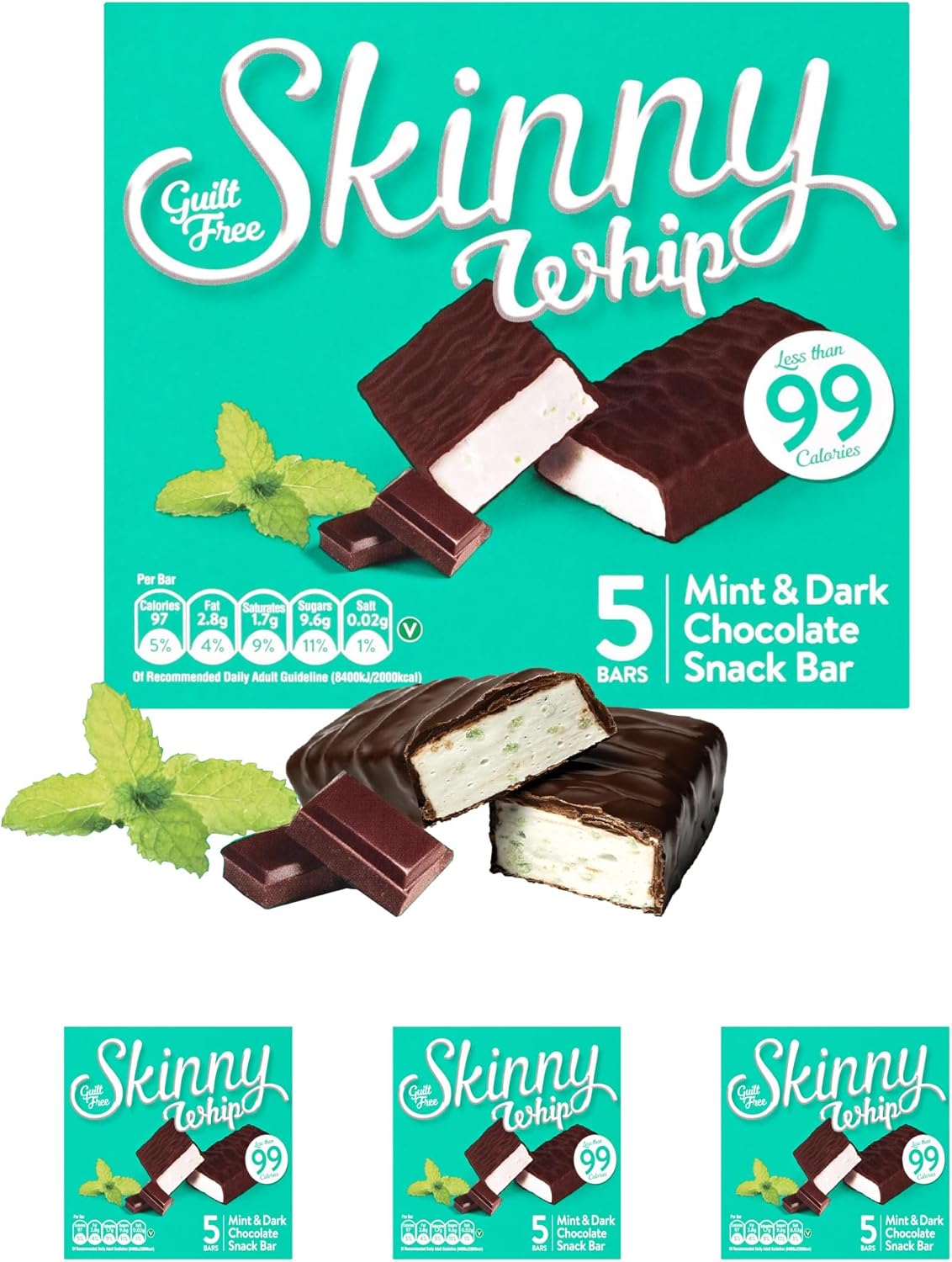 New Skinny Whip Snack bars less than 99 Calories 5 Variations Multi-Pack (Mint & Dark Chocolate, 4 Boxes)