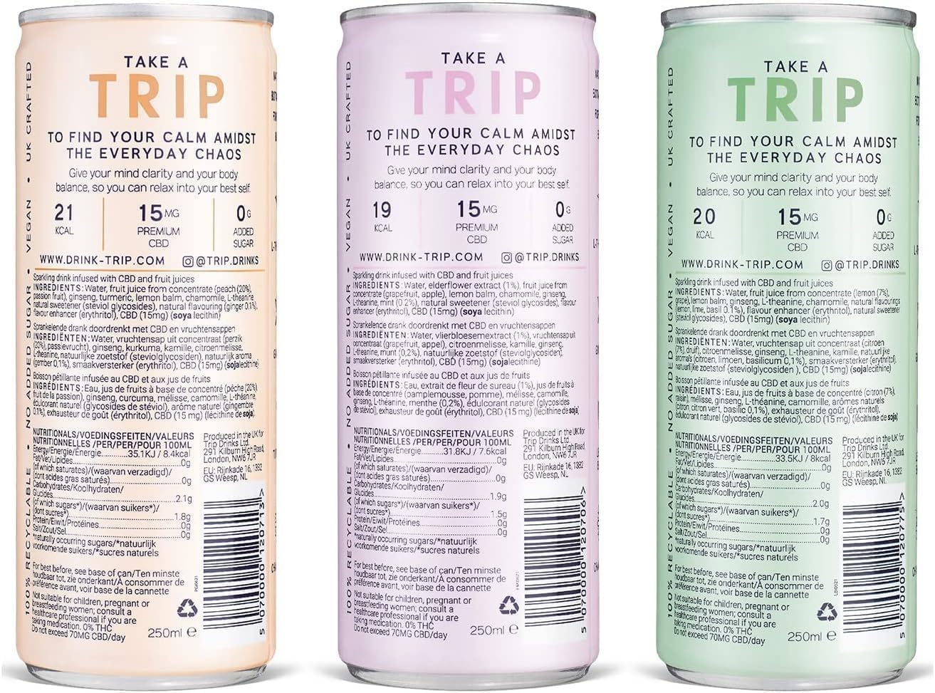 TRIP CBD Drink, Sparkling Mixed Pack Fizzy Drink, Low Calorie, Vegan (Pack of 12 x 250ml)