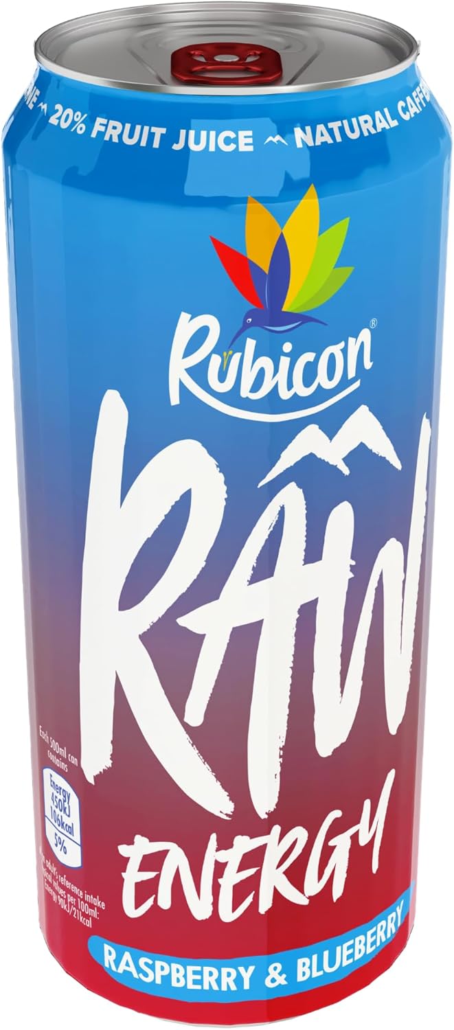 Rubicon RAW 12 Pack Raspberry & Blueberry 500ml Energy Drink, 20% Real Fruit Juice, High caffeine with B-Vitamins, Ginseng & Guarana, No Artificial Colours or Flavours, Reduce Tiredness & Boost Energy