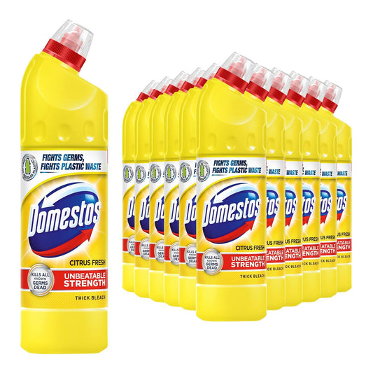 Domestos Thick Bleach Citrus Fresh Multi-Purpose Disinfectant Anti-Bacterial Surface Cleaner Gel Limescale Remover for Toilet, Bathroom and Kitchen, 750ml (Buy 12)