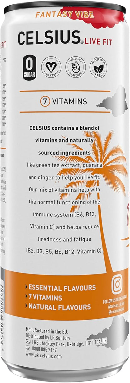 CELSIUS Fantasy Vibe - Sparkling Natural Energy Drink, 4 Vitamins, Caffeine, No Artificial Colours, Sugar Free Energy Drinks, Orange, 355 mL, 12-Pack