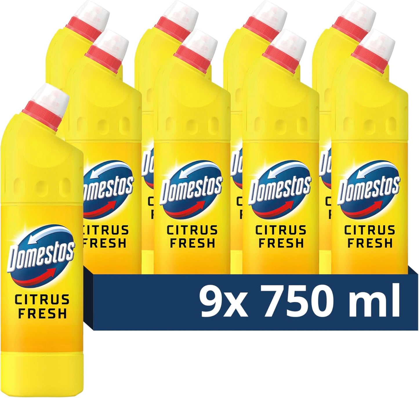 Domestos Citrus Fresh Thick Bleach disinfectant that eliminates 99.99% of bacteria and viruses* unstoppable limescale prevention 9x 750 ml