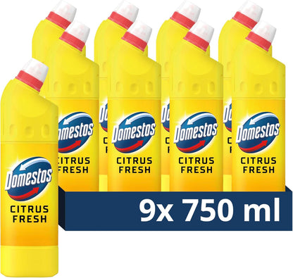 Domestos Citrus Fresh Thick Bleach disinfectant that eliminates 99.99% of bacteria and viruses* unstoppable limescale prevention 9x 750 ml