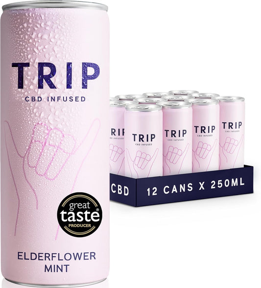 TRIP CBD Drink, Sparkling Elderflower Mint Fizzy Drink, Low Calorie, Vegan, 250 ml (Pack of 12)