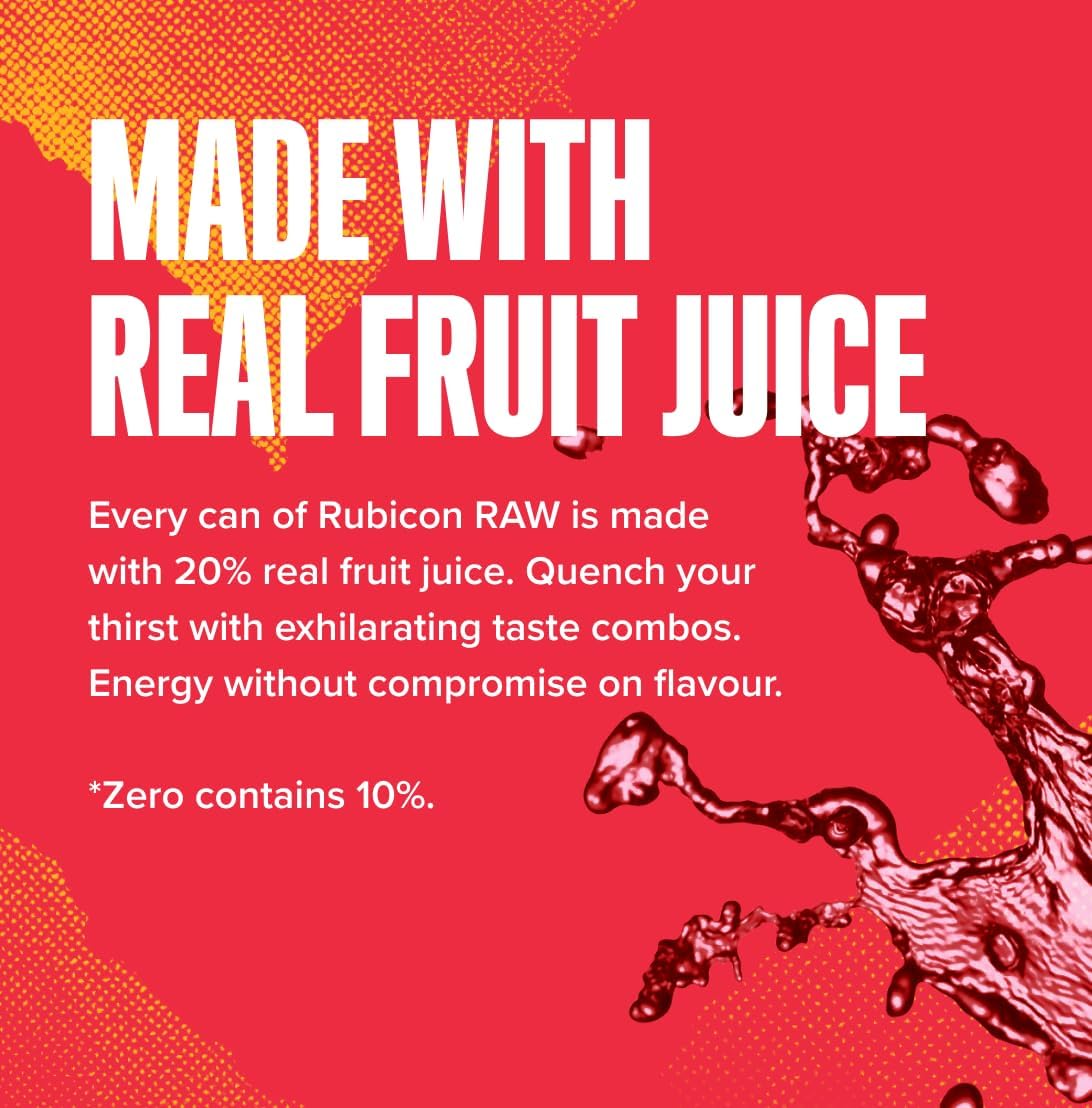 Rubicon RAW 12 Pack Raspberry & Blueberry 500ml Energy Drink, 20% Real Fruit Juice, High caffeine with B-Vitamins, Ginseng & Guarana, No Artificial Colours or Flavours, Reduce Tiredness & Boost Energy