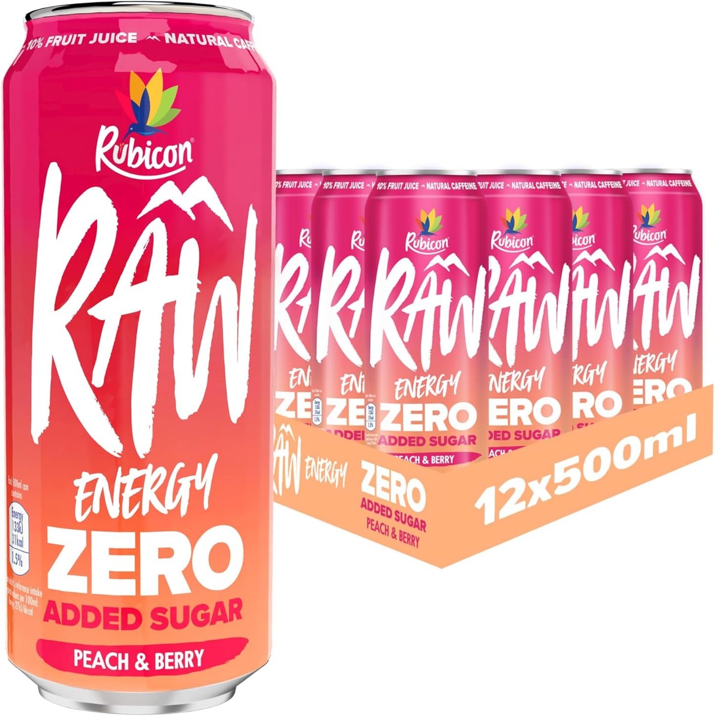 Rubicon RAW 12 Pack Raspberry & Blueberry 500ml Energy Drink, 20% Real Fruit Juice, High caffeine with B-Vitamins, Ginseng & Guarana, No Artificial Colours or Flavours, Reduce Tiredness & Boost Energy
