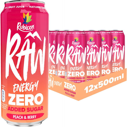 Rubicon RAW 12 Pack Raspberry & Blueberry 500ml Energy Drink, 20% Real Fruit Juice, High caffeine with B-Vitamins, Ginseng & Guarana, No Artificial Colours or Flavours, Reduce Tiredness & Boost Energy