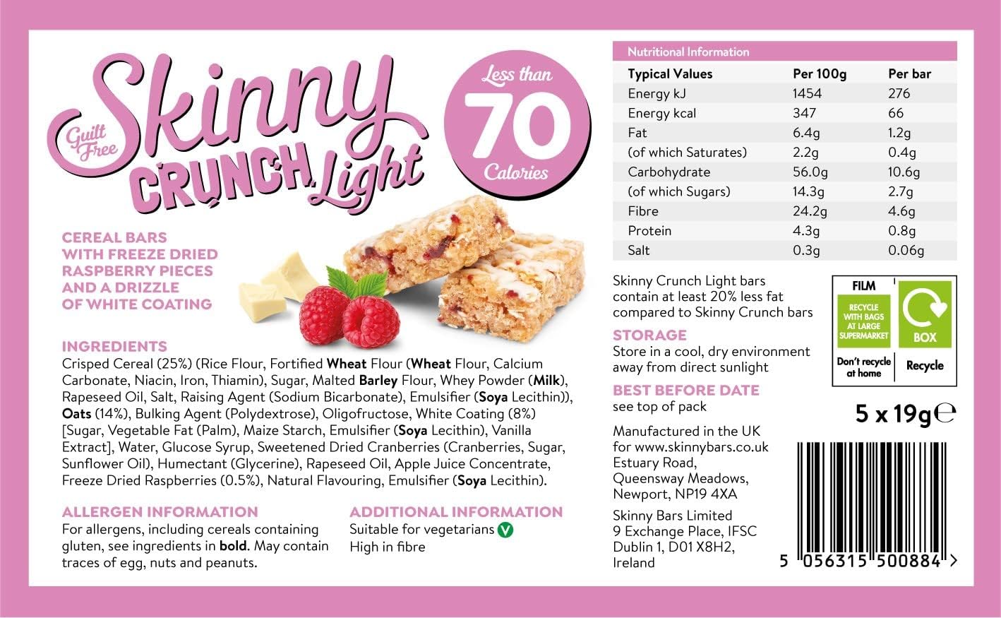 Skinny Crunch Light Raspberry and White Chocolate 10 x 5 x 19g