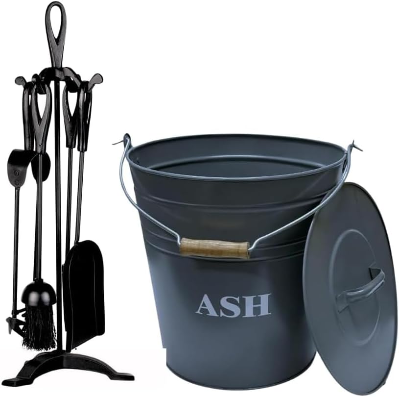 Fireside 15L Metal Bucket with Lid and Handle – Fireplace Ash Carrier Tidy Box + 5 Piece Cast Iron Companion Tool Set – Fire Poker Brush Shovel Tongs & Stand
