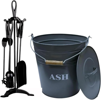 Fireside 15L Metal Bucket with Lid and Handle – Fireplace Ash Carrier Tidy Box + 5 Piece Cast Iron Companion Tool Set – Fire Poker Brush Shovel Tongs & Stand